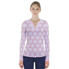 Pink And White Polka Dots V-neck Long Sleeve Top by mccallacoulture