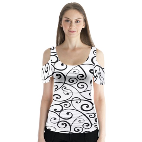 Black And White Swirls Butterfly Sleeve Cutout Tee  by mccallacoulture