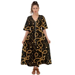 Golden Chain Print Kimono Sleeve Boho Dress