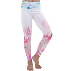 Pink Floral Print Kids  Lightweight Velour Classic Yoga Leggings by designsbymallika