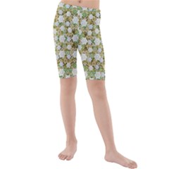 Snowflakes Slightly Snowing Down On The Flowers On Earth Kids  Mid Length Swim Shorts