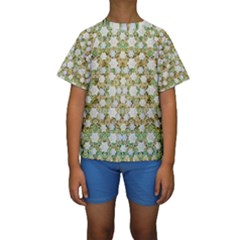 Snowflakes Slightly Snowing Down On The Flowers On Earth Kids  Short Sleeve Swimwear