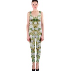 Snowflakes Slightly Snowing Down On The Flowers On Earth One Piece Catsuit by pepitasart