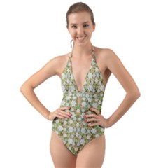 Snowflakes Slightly Snowing Down On The Flowers On Earth Halter Cut-Out One Piece Swimsuit