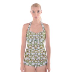 Snowflakes Slightly Snowing Down On The Flowers On Earth Boyleg Halter Swimsuit 