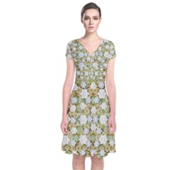 Snowflakes Slightly Snowing Down On The Flowers On Earth Short Sleeve Front Wrap Dress