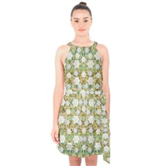 Snowflakes Slightly Snowing Down On The Flowers On Earth Halter Collar Waist Tie Chiffon Dress by pepitasart