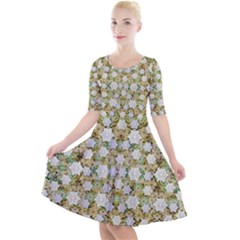 Snowflakes Slightly Snowing Down On The Flowers On Earth Quarter Sleeve A-Line Dress
