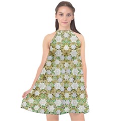 Snowflakes Slightly Snowing Down On The Flowers On Earth Halter Neckline Chiffon Dress 