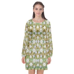 Snowflakes Slightly Snowing Down On The Flowers On Earth Long Sleeve Chiffon Shift Dress  by pepitasart