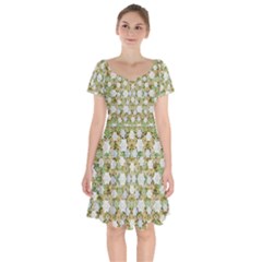 Snowflakes Slightly Snowing Down On The Flowers On Earth Short Sleeve Bardot Dress