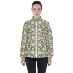 Snowflakes Slightly Snowing Down On The Flowers On Earth Women s High Neck Windbreaker