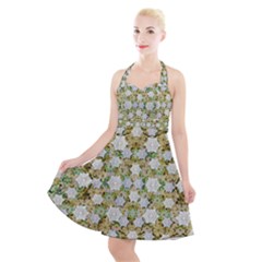 Snowflakes Slightly Snowing Down On The Flowers On Earth Halter Party Swing Dress 