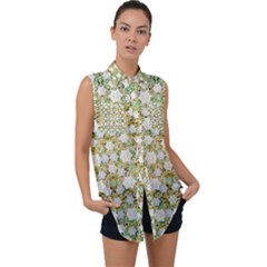 Snowflakes Slightly Snowing Down On The Flowers On Earth Sleeveless Chiffon Button Shirt