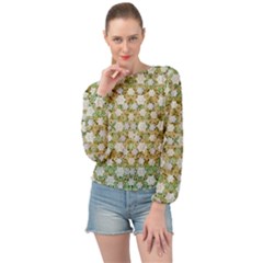 Snowflakes Slightly Snowing Down On The Flowers On Earth Banded Bottom Chiffon Top