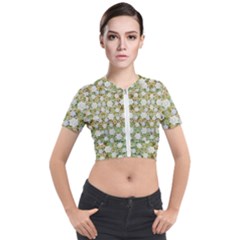 Snowflakes Slightly Snowing Down On The Flowers On Earth Short Sleeve Cropped Jacket