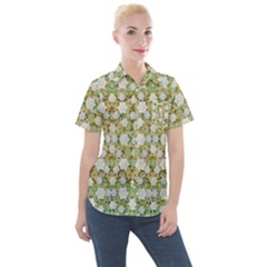 Snowflakes Slightly Snowing Down On The Flowers On Earth Women s Short Sleeve Pocket Shirt