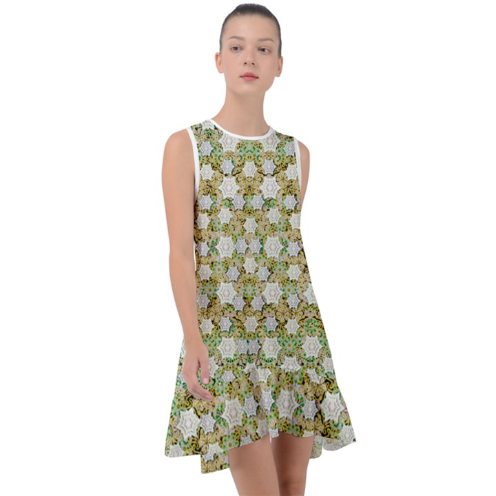 Snowflakes Slightly Snowing Down On The Flowers On Earth Frill Swing Dress