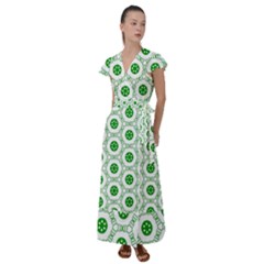 White Green Shapes Flutter Sleeve Maxi Dress