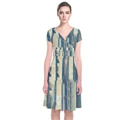 Texture Abstract Buildings Short Sleeve Front Wrap Dress