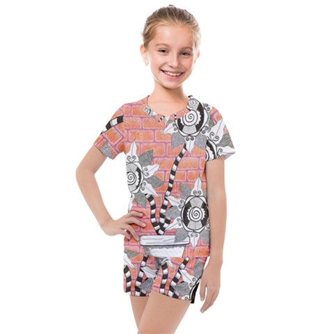 Brick Wall Flower Pot Kids  Mesh Tee And Shorts Set by okhismakingart