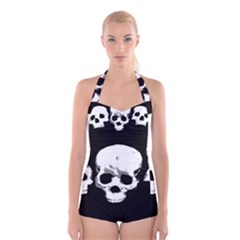 Halloween Horror Skeleton Skull Boyleg Halter Swimsuit  by HermanTelo