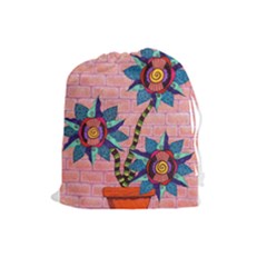 Brick Wall Flower Pot In Color Drawstring Pouch (large) by okhismakingart