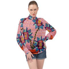 Brick Wall Flower Pot In Color High Neck Long Sleeve Chiffon Top by okhismakingart