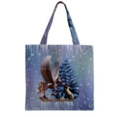 Merry Christmas, Funny Pegasus With Penguin Zipper Grocery Tote Bag by FantasyWorld7