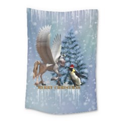 Merry Christmas, Funny Pegasus With Penguin Small Tapestry by FantasyWorld7