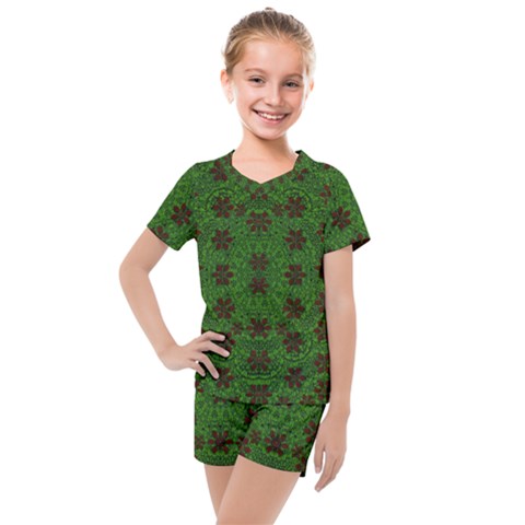 Rose Stars So Beautiful On Green Kids  Mesh Tee And Shorts Set by pepitasart