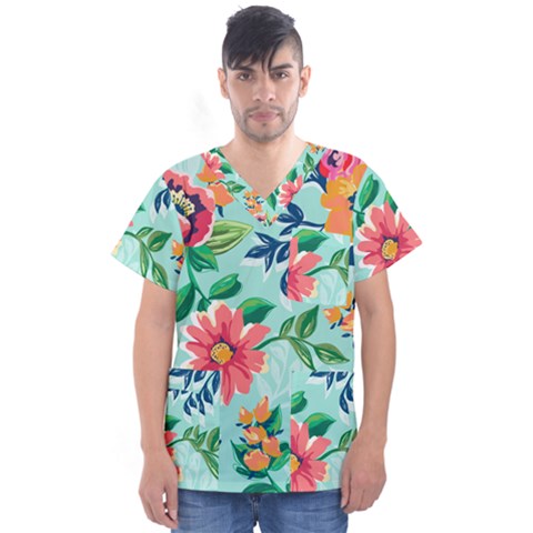 Multi Colour Floral Print Men s V-neck Scrub Top by designsbymallika