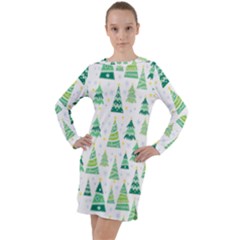 Christmas Tree Pattern Long Sleeve Hoodie Dress by designsbymallika