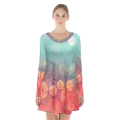 Mandala Pattern Long Sleeve Velvet V-neck Dress by designsbymallika