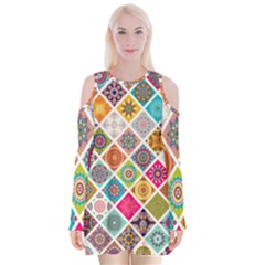 Ethnic Mandala Pattern Velvet Long Sleeve Shoulder Cutout Dress by designsbymallika