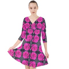 Roses Fleurs Abstrait Quarter Sleeve Front Wrap Dress by kcreatif