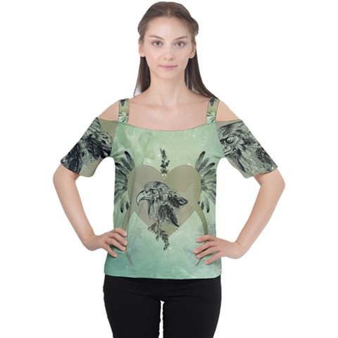 Eagle, Animal, Bird, Feathers, Fantasy, Lineart, Flowers, Blossom, Elegance, Decorative Cutout Shoulder Tee by FantasyWorld7