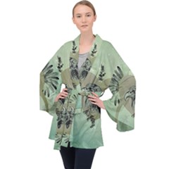 Eagle, Animal, Bird, Feathers, Fantasy, Lineart, Flowers, Blossom, Elegance, Decorative Long Sleeve Velvet Kimono  by FantasyWorld7