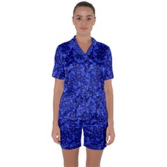 Blue Fancy Ornate Print Pattern Satin Short Sleeve Pyjamas Set