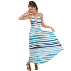 Blue Waves Pattern Backless Maxi Beach Dress by designsbymallika