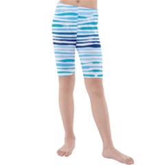 Blue Waves Pattern Kids  Mid Length Swim Shorts by designsbymallika