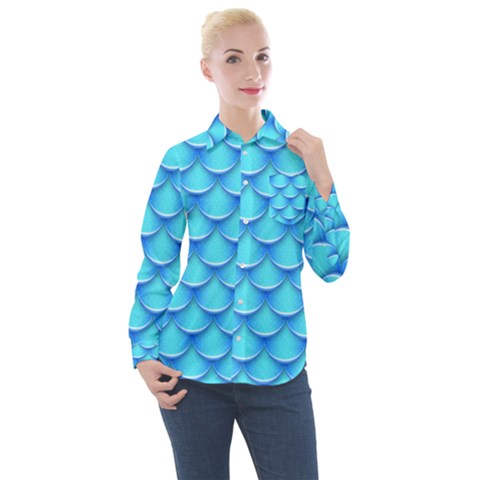 Blue Scale Pattern Women s Long Sleeve Pocket Shirt by designsbymallika