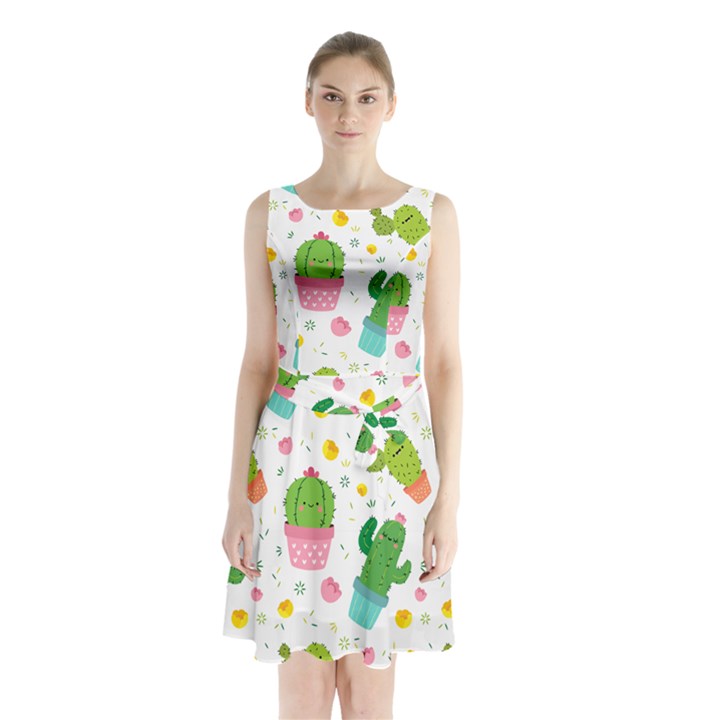 cactus pattern Sleeveless Waist Tie Chiffon Dress