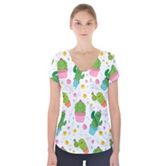 cactus pattern Short Sleeve Front Detail Top