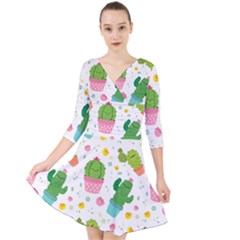 cactus pattern Quarter Sleeve Front Wrap Dress