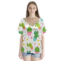 cactus pattern V-Neck Flutter Sleeve Top