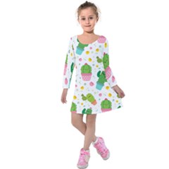 Cactus Pattern Kids  Long Sleeve Velvet Dress by designsbymallika