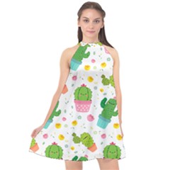 cactus pattern Halter Neckline Chiffon Dress 