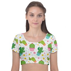 cactus pattern Velvet Short Sleeve Crop Top 