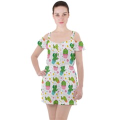 cactus pattern Ruffle Cut Out Chiffon Playsuit